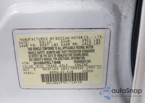 2012 Nissan Sentra 2.0 z USA, uszkodzony, nr VIN 3N1AB6AP9CL718458